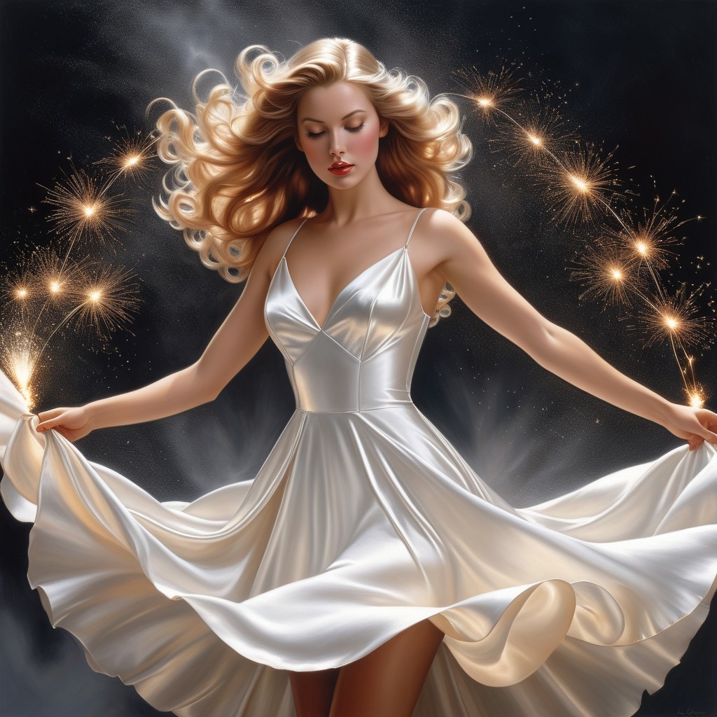Woman in White Dress Twirling in Sparkling Lights