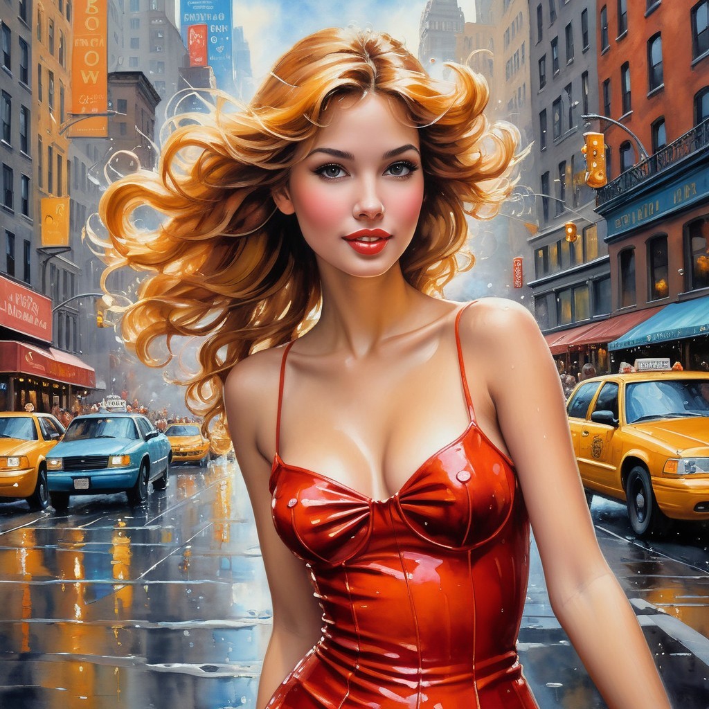 Stylish woman in red dress on city street scene