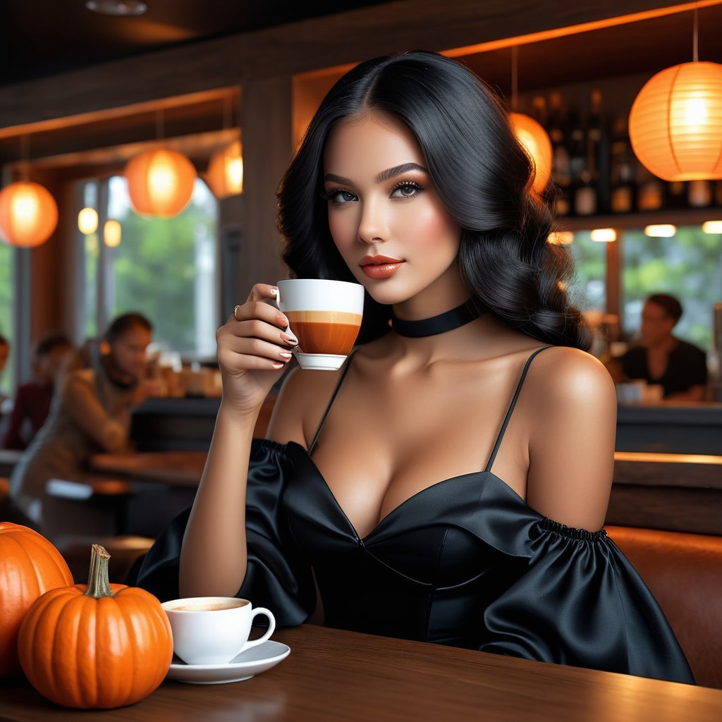 Stylish Woman in Elegant Dress at Cozy Café