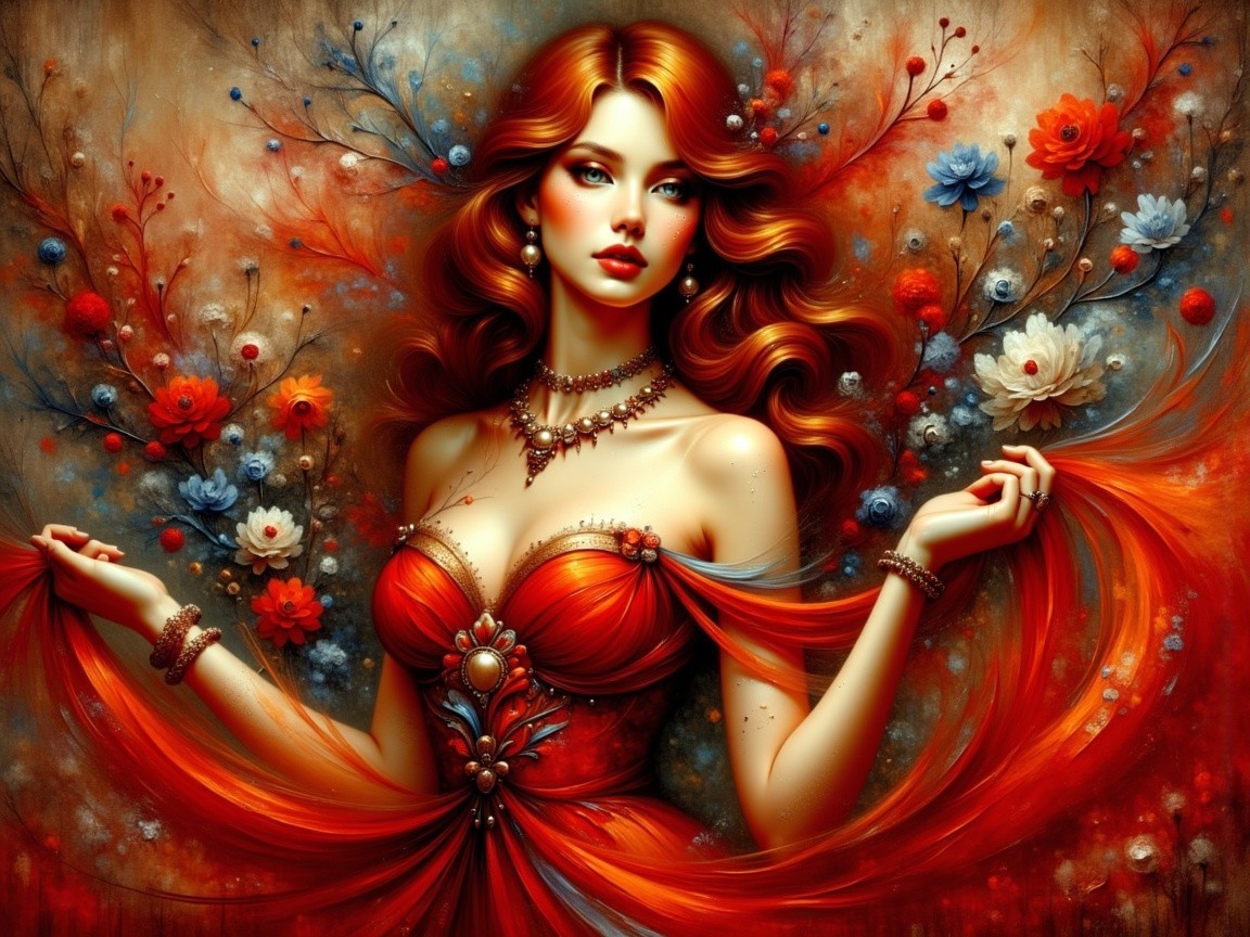 Portrait of a woman in a red gown with flowers