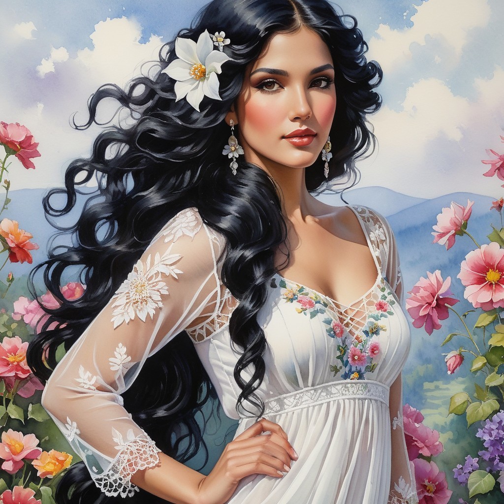Young woman in white dress among colorful flowers