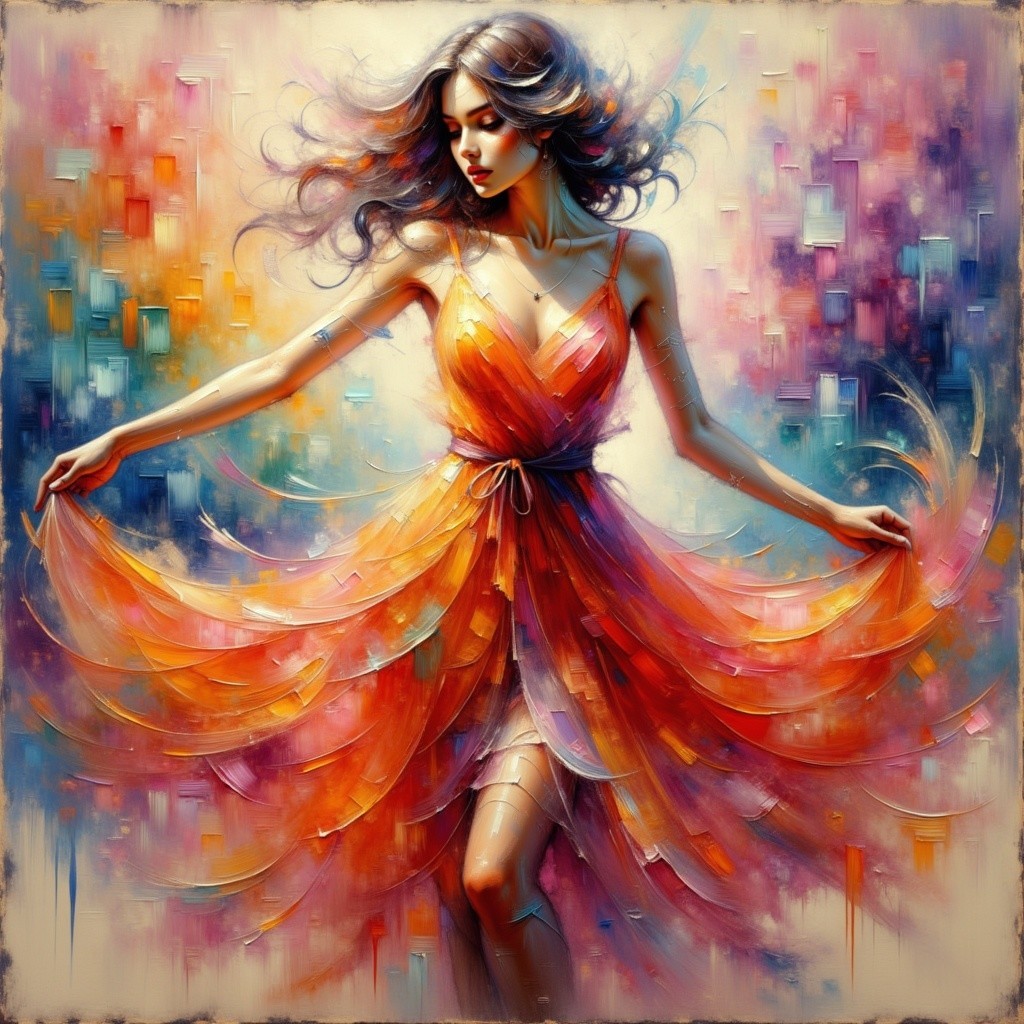 Impasto Oil Painting of Elegant Woman in Vibrant Dress