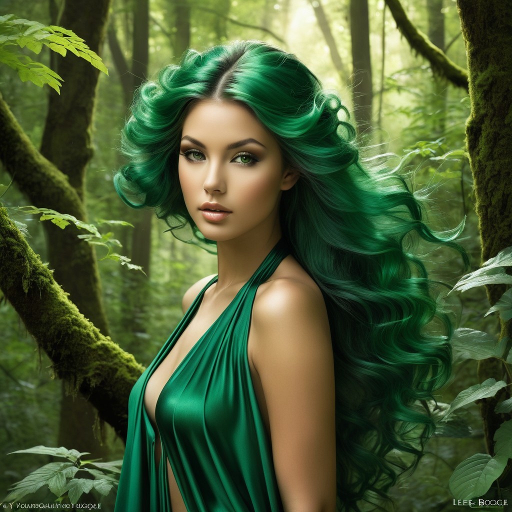 Woman with Green Hair in Lush Forest Setting