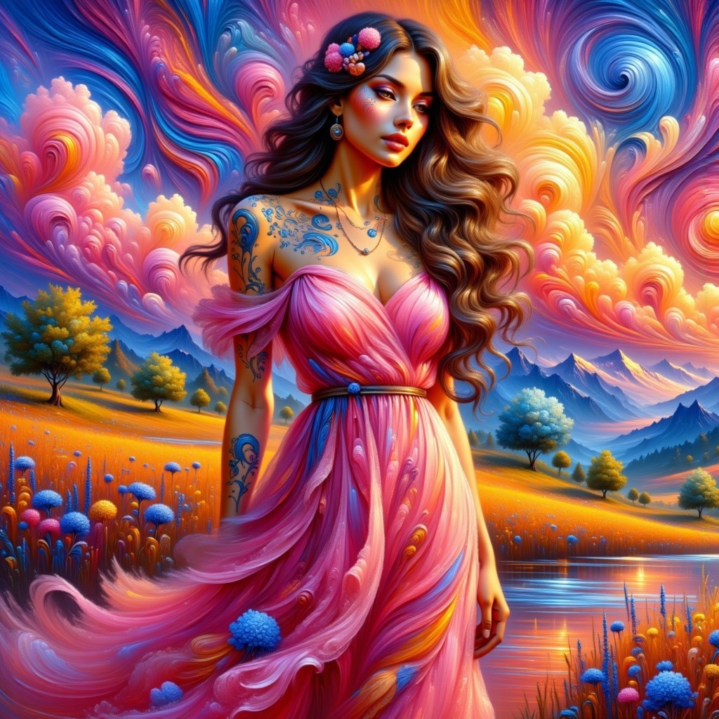 Serene Lake Scene with Young Woman in Pink Dress