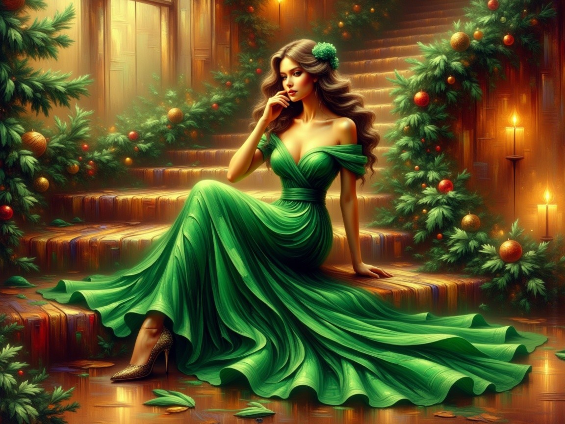 Elegant Woman in Green Gown on Wooden Staircase