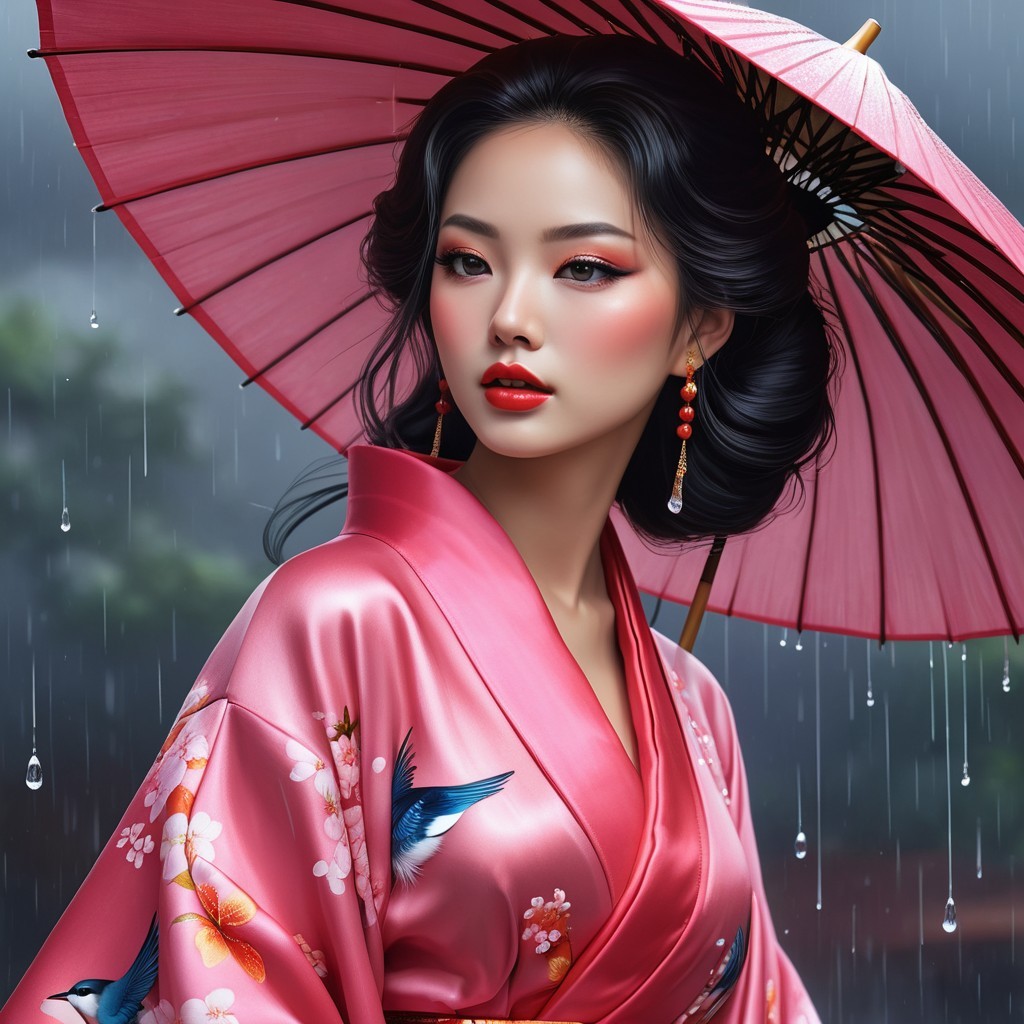 Young Woman in Pink Kimono with Umbrella in Rain