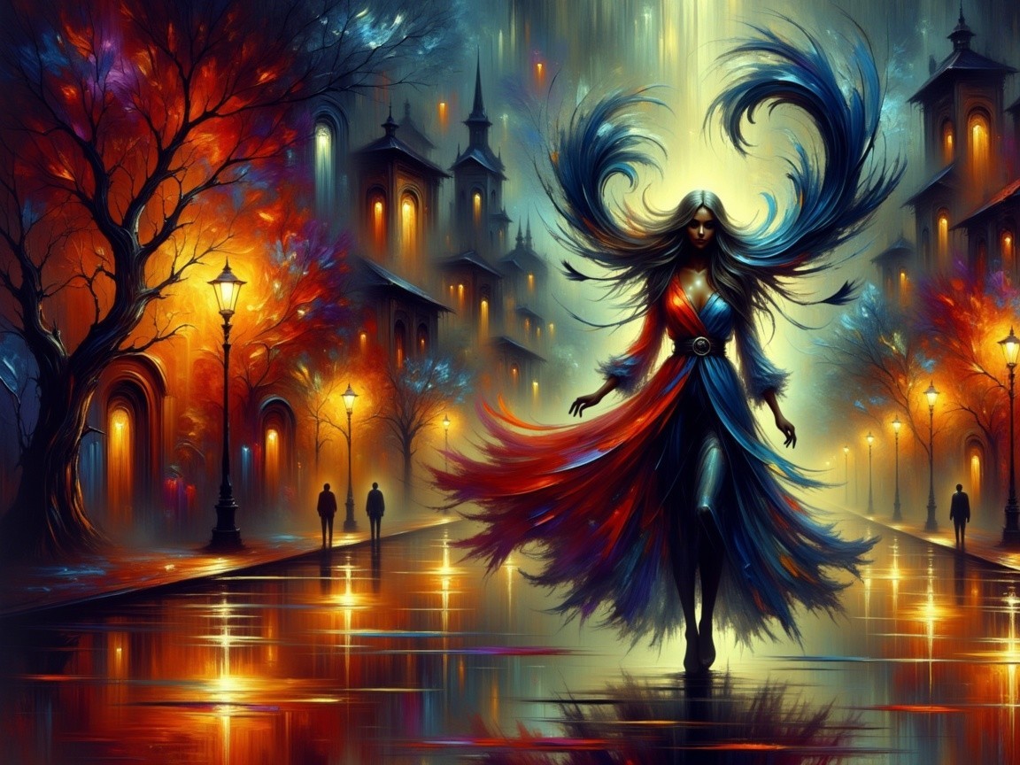 Majestic Figure in Dreamlike Cityscape with Illuminated Streets