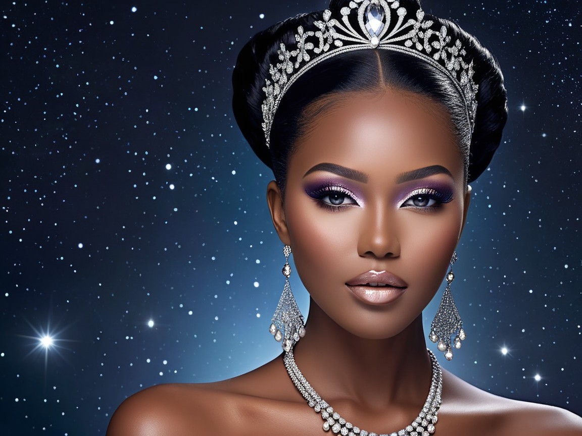 Portrait of a woman with tiara in a cosmic background