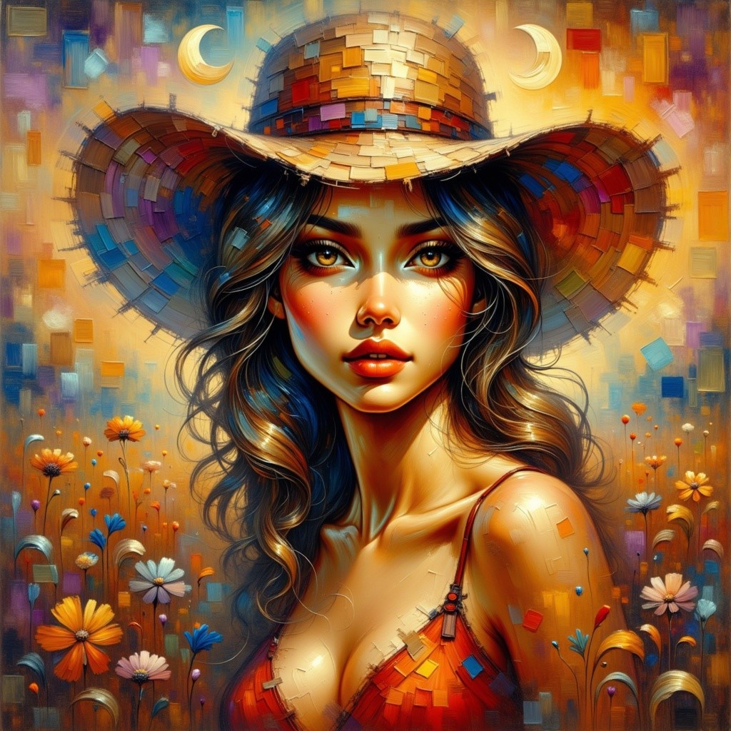 Portrait of a Young Woman in a Straw Hat and Flowers