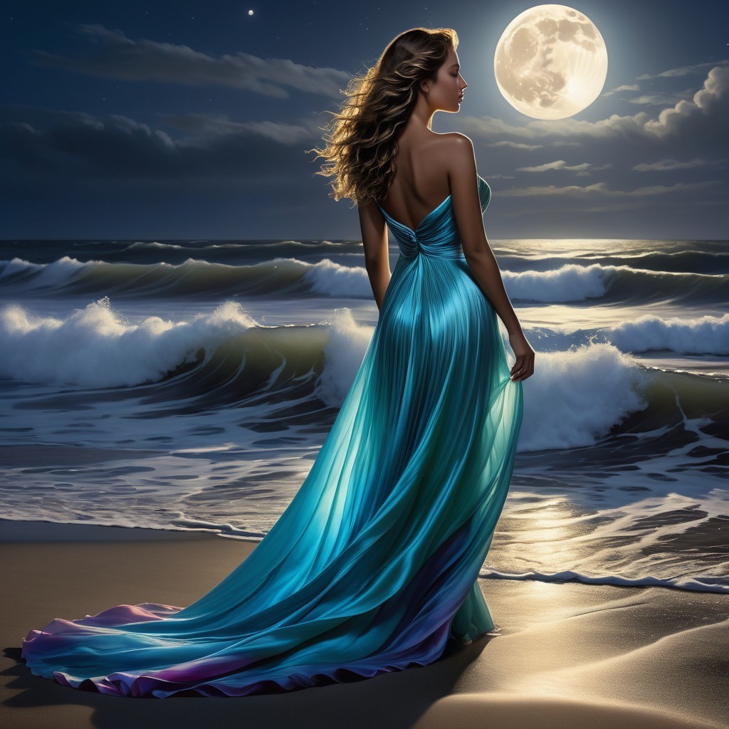 Woman in Iridescent Gown on Moonlit Beach Scene