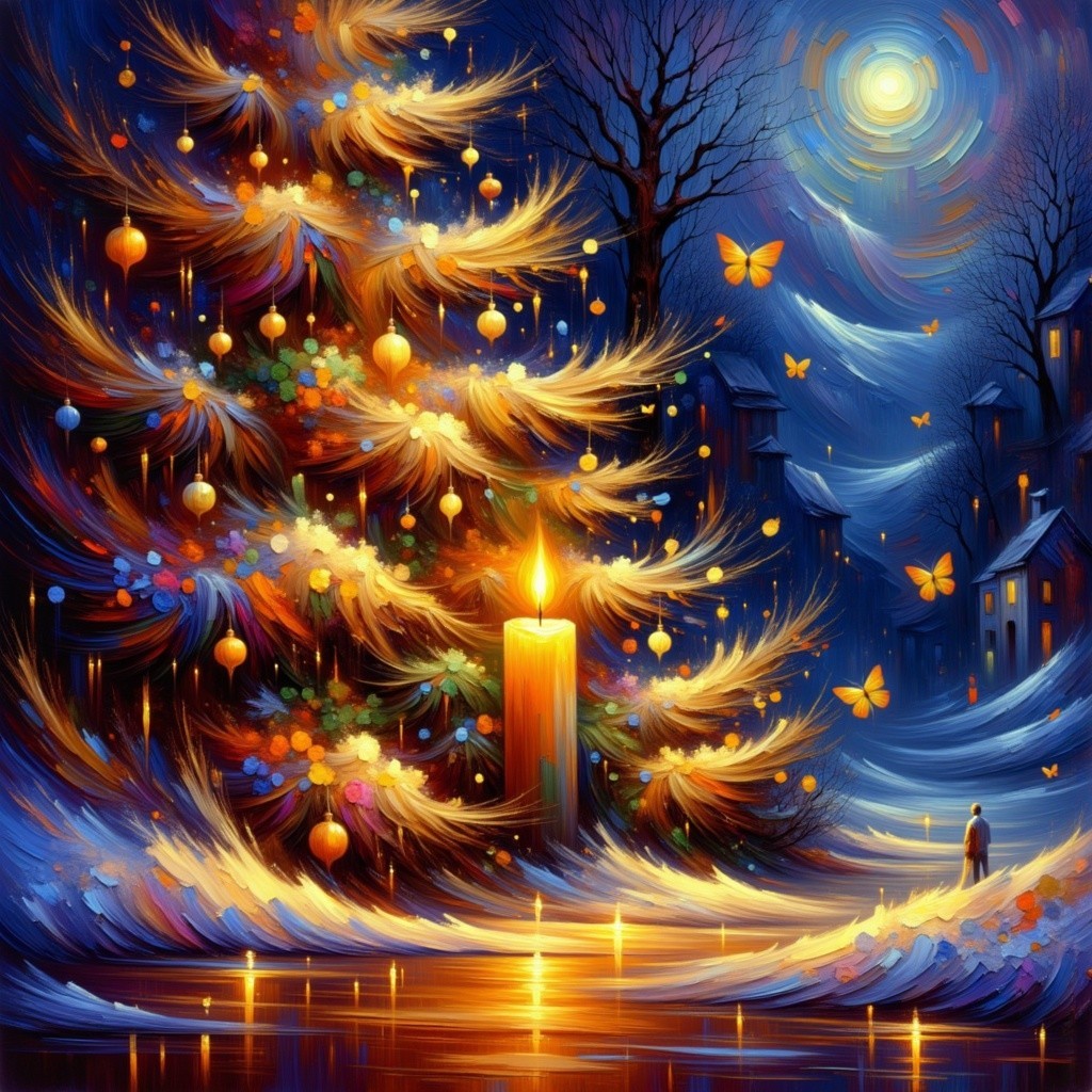 Whimsical Winter Scene with Christmas Tree and Moonlight