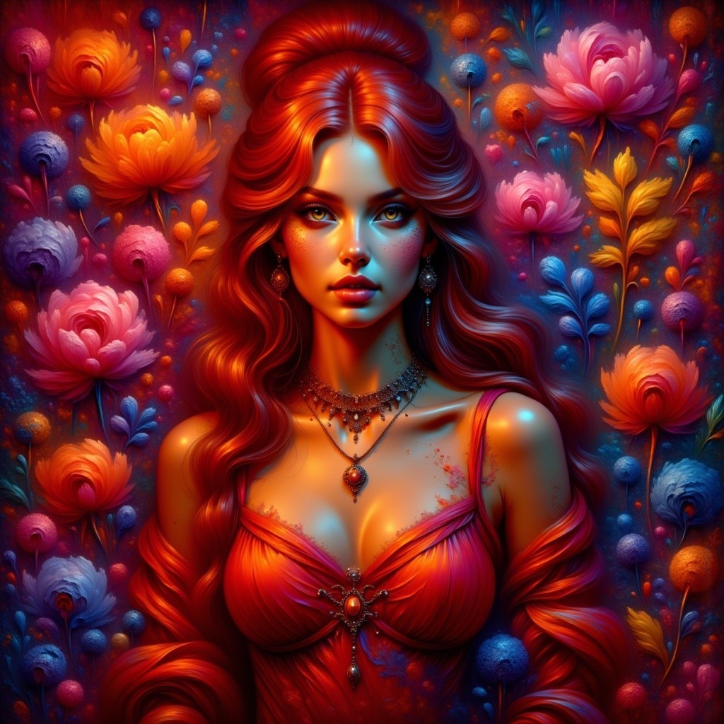 Portrait of a woman in red gown with floral patterns