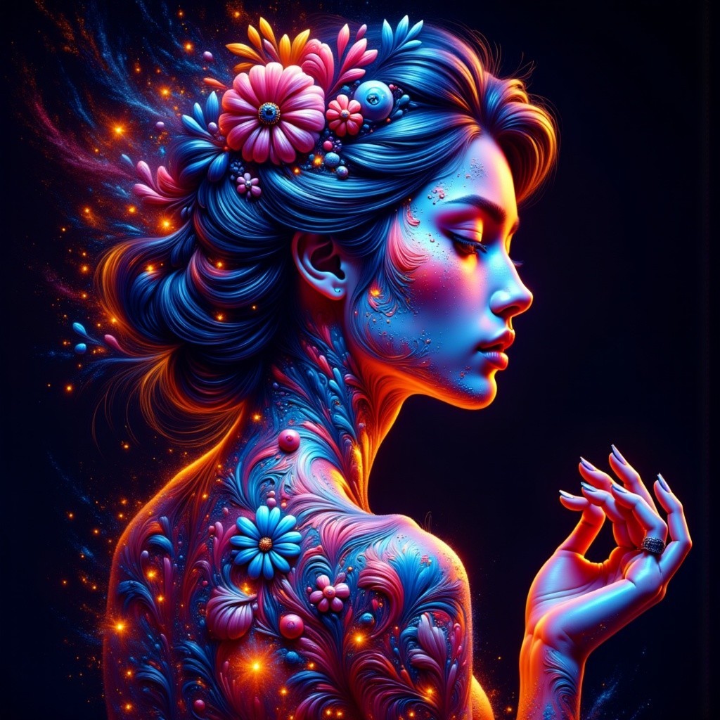 Ethereal Woman with Floral Patterns and Rich Colors