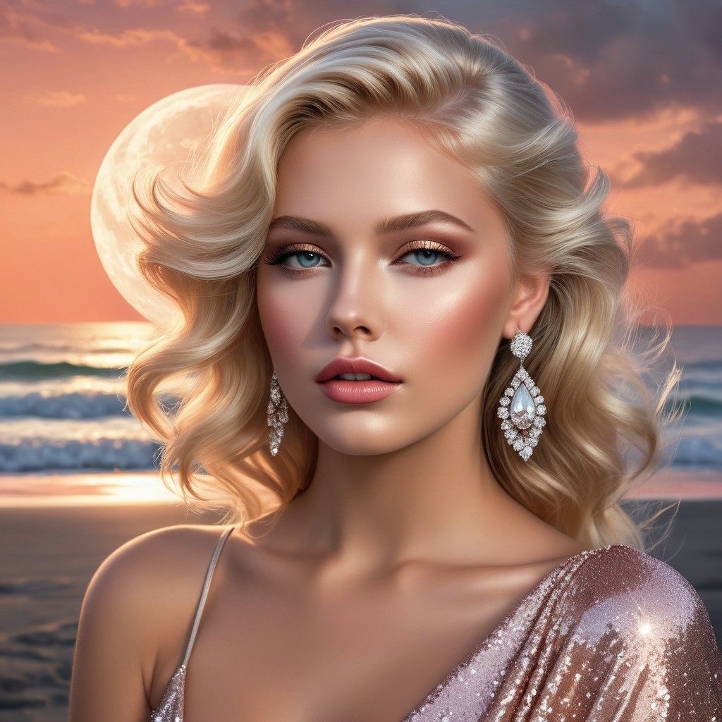 Platinum Blonde Woman at Serene Beach at Sunset