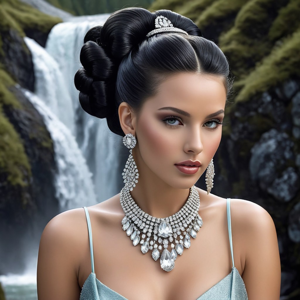 Elegant Woman by a Waterfall in a Blue Dress