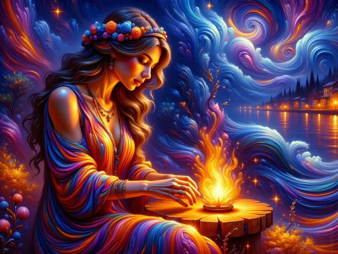 Serene Woman by Fire with Colorful Flowers and Gown