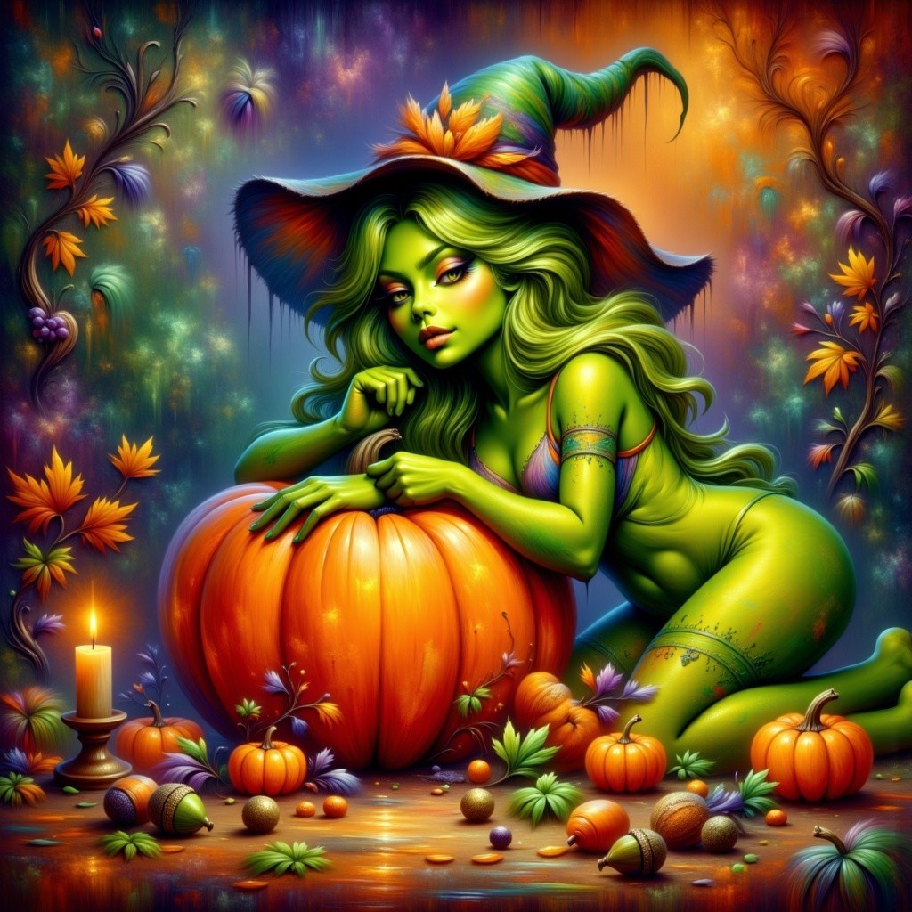 Whimsical Witch with Pumpkins in Enchanting Setting