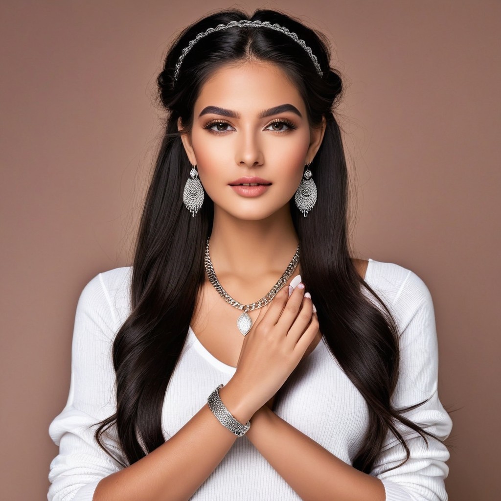 Young woman in white sweater with silver jewelry