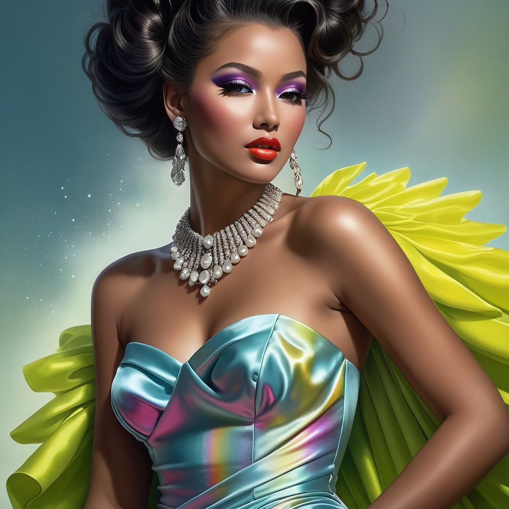 Elegant figure in iridescent blue dress with jewelry