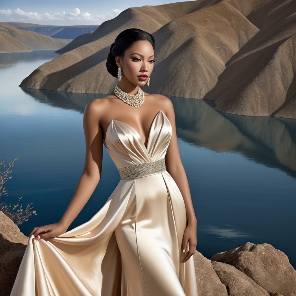 Glamorous Woman in Satin Gown by Serene Water