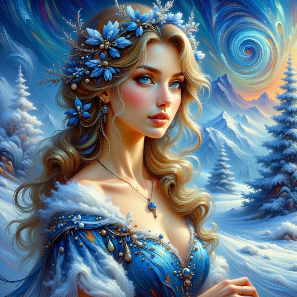Digital Painting of a Winter Maiden in Elegant Attire