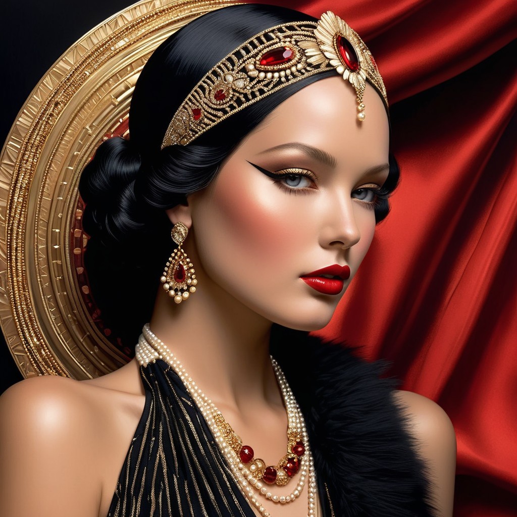 Elegant Woman in Black Gown with Bold Makeup and Jewelry