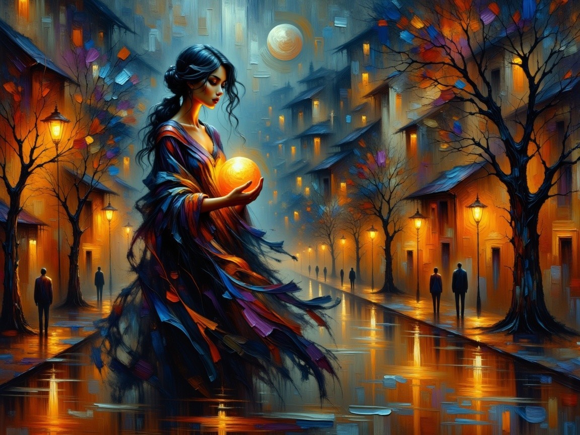 Moonlit Street with Woman, Colorful Dress, and Orb