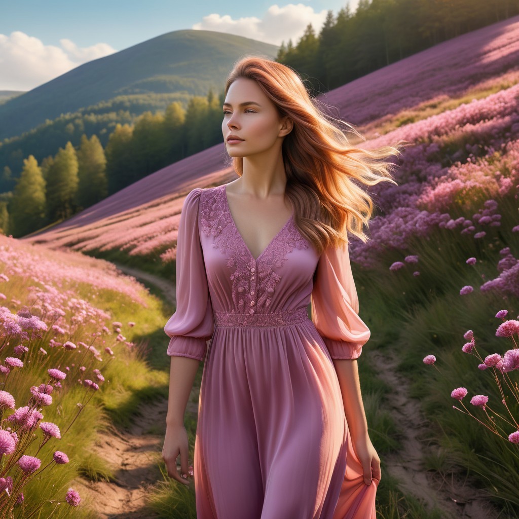 Woman in Pink Dress in Blooming Flower Field