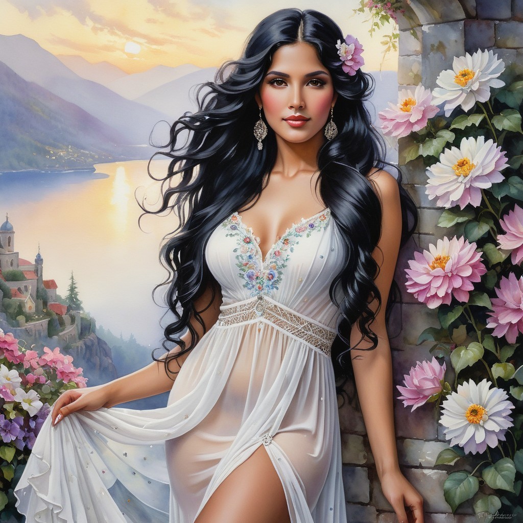 Woman in White Dress by Serene Lake and Mountains