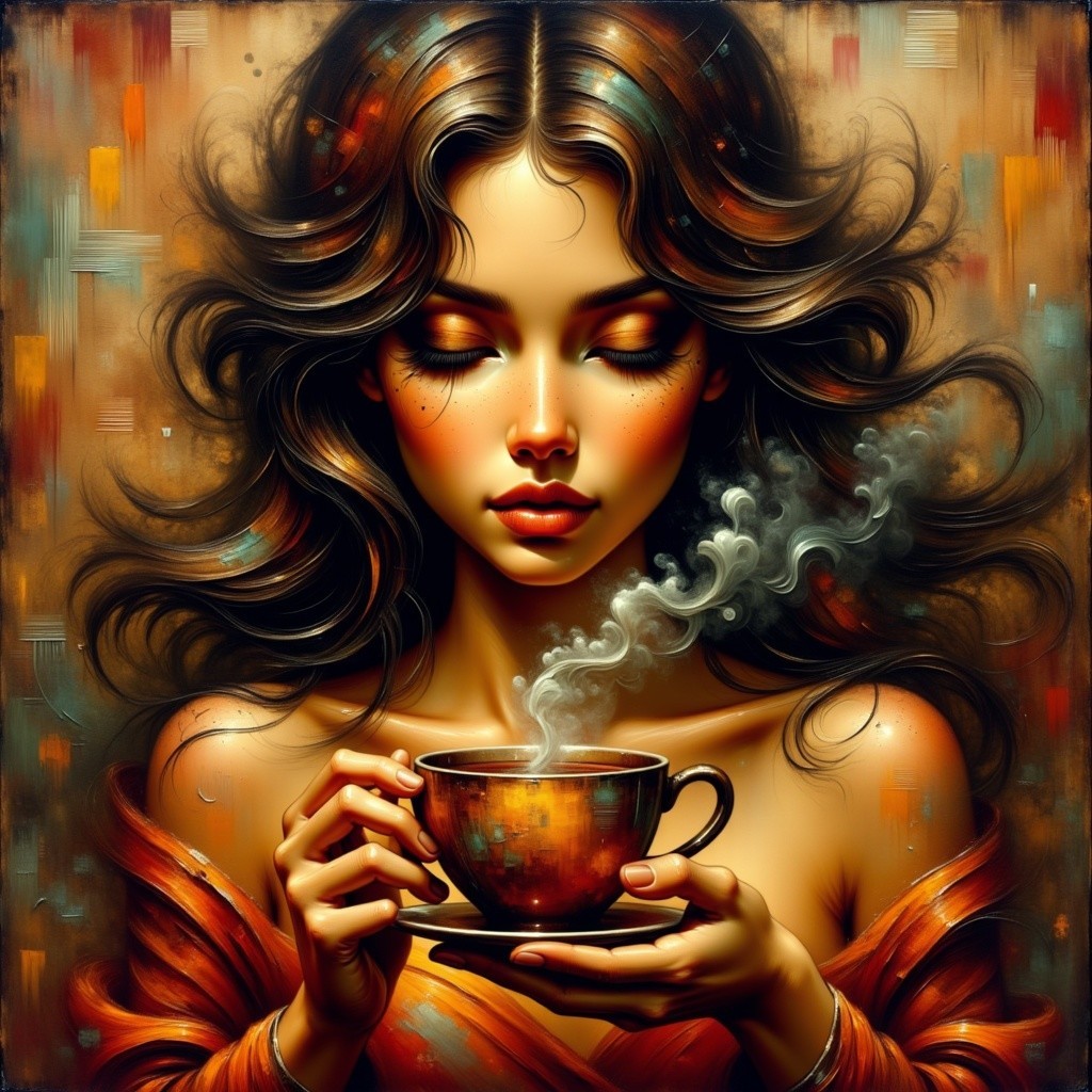 Serene Woman with Cup in Cozy Earthy Background