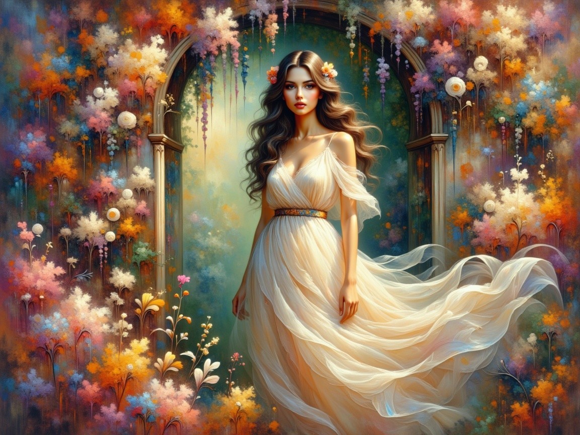 Mystical Scene of a Woman in a Floral Landscape