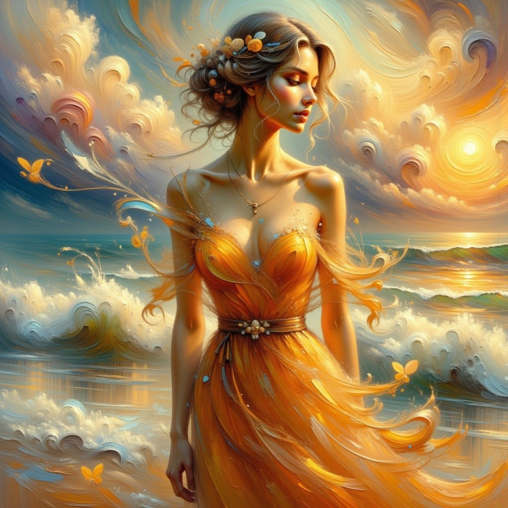 Woman in Orange Dress by Colorful Ocean at Sunset
