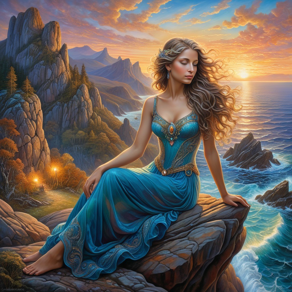 Serene Woman in Blue Gown Overlooking Ocean Sunset