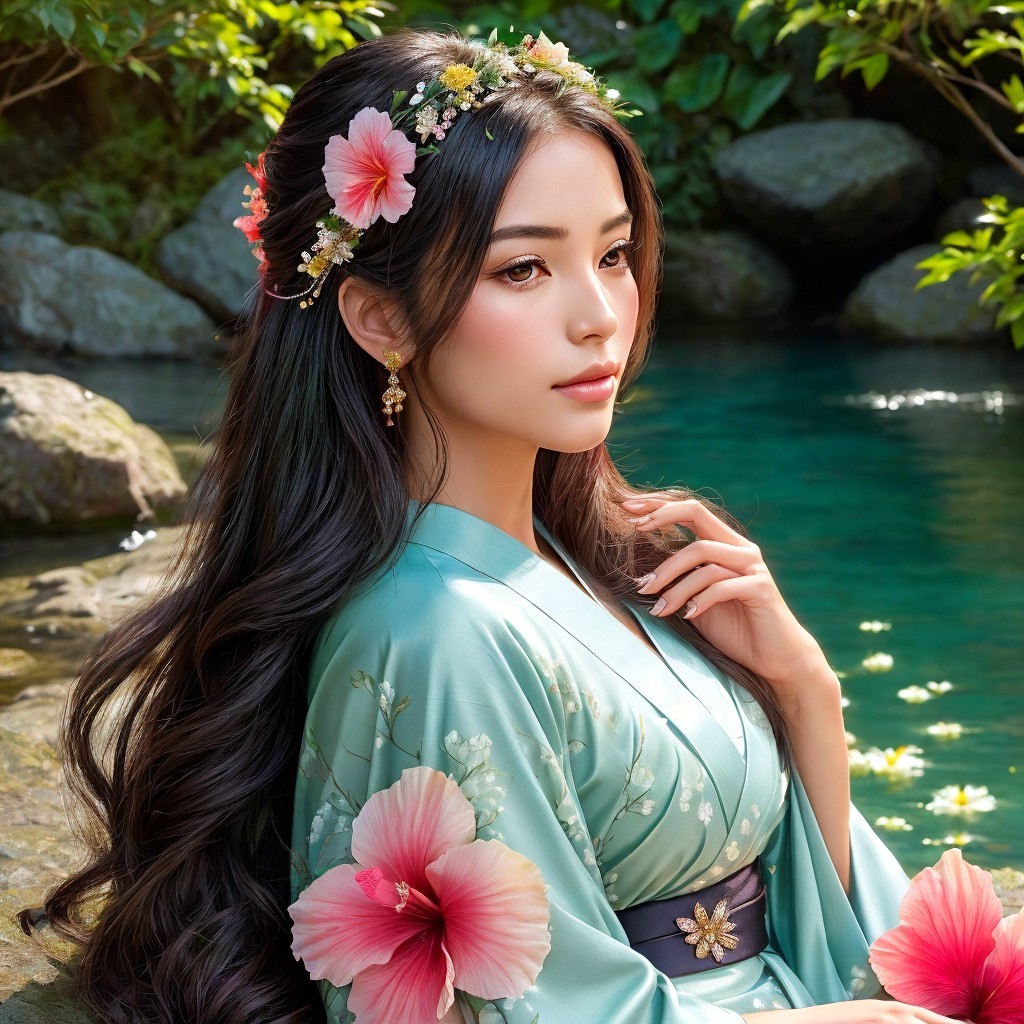 Young Woman in Blue Kimono by Tranquil Pond