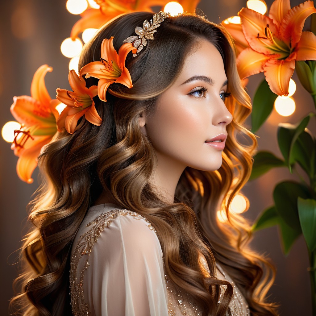 Young woman with floral headband and orange lilies