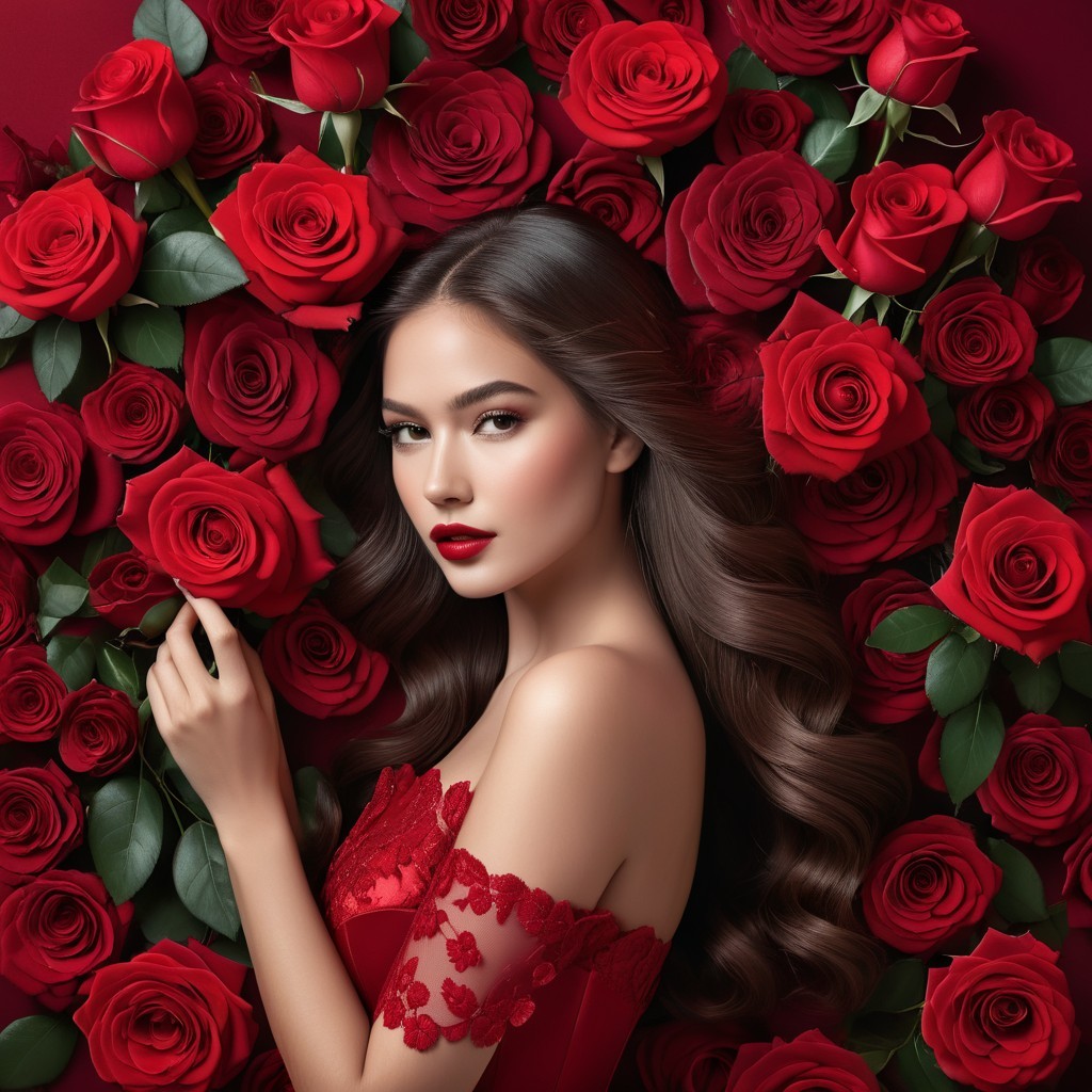 Elegant Woman Among Vibrant Red Roses and Lace Dress
