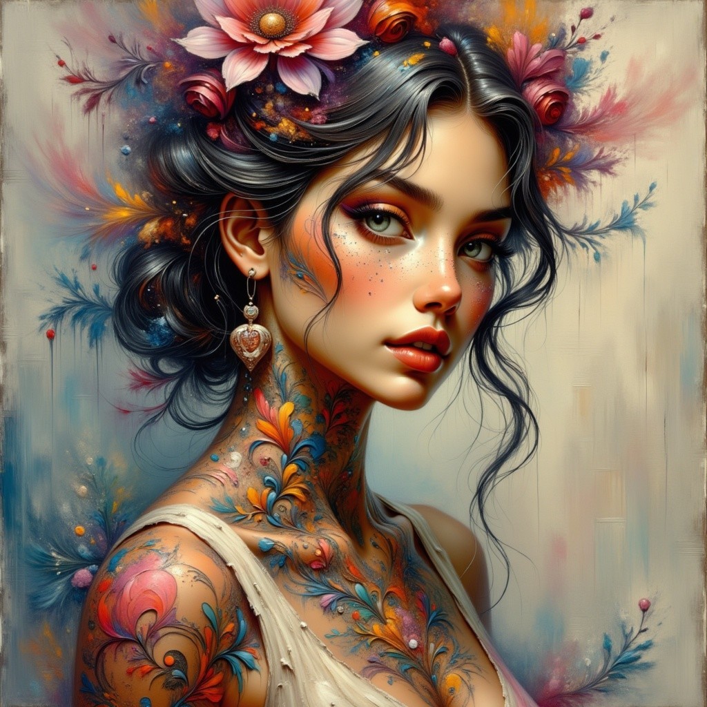 Ethereal Portrait of a Woman with Floral Tattoos