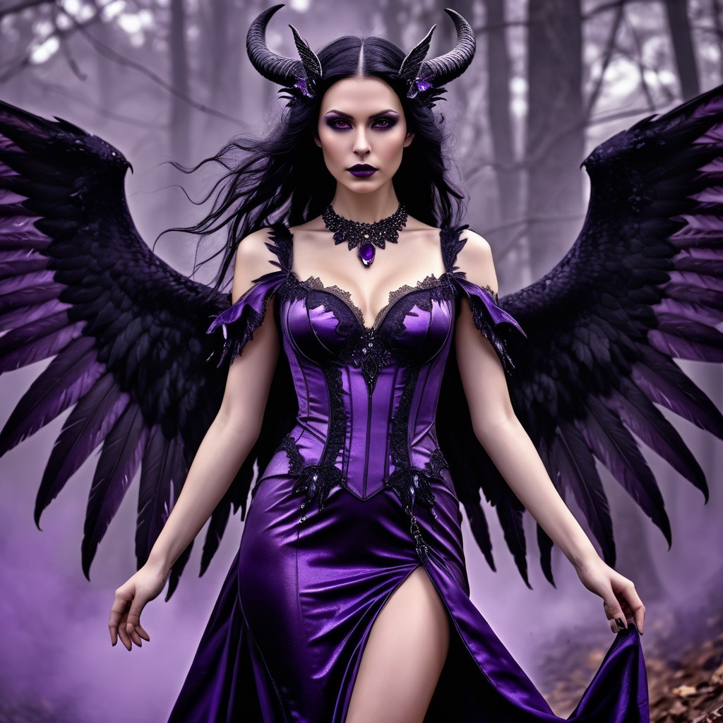 Confident figure in purple gown in mystical forest