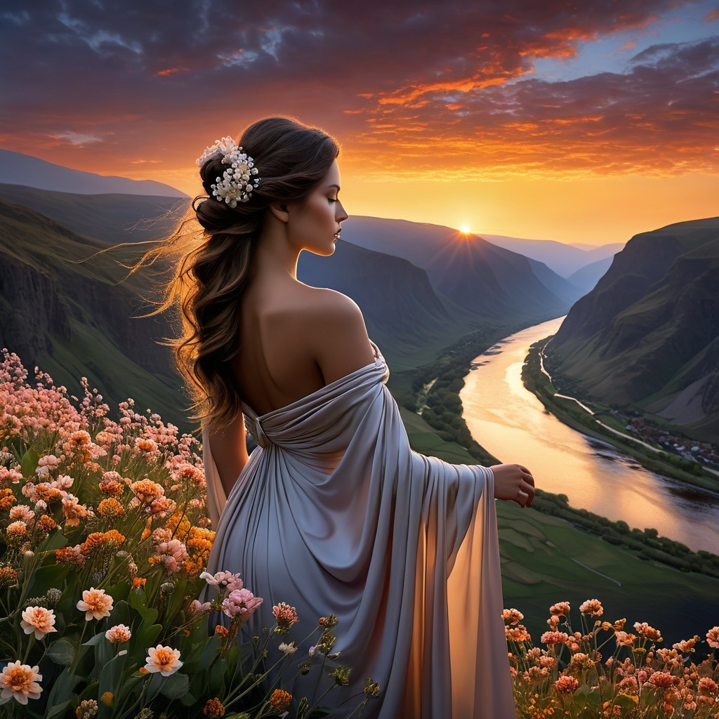 Silhouette of a Woman Against a Vibrant Sunset Landscape