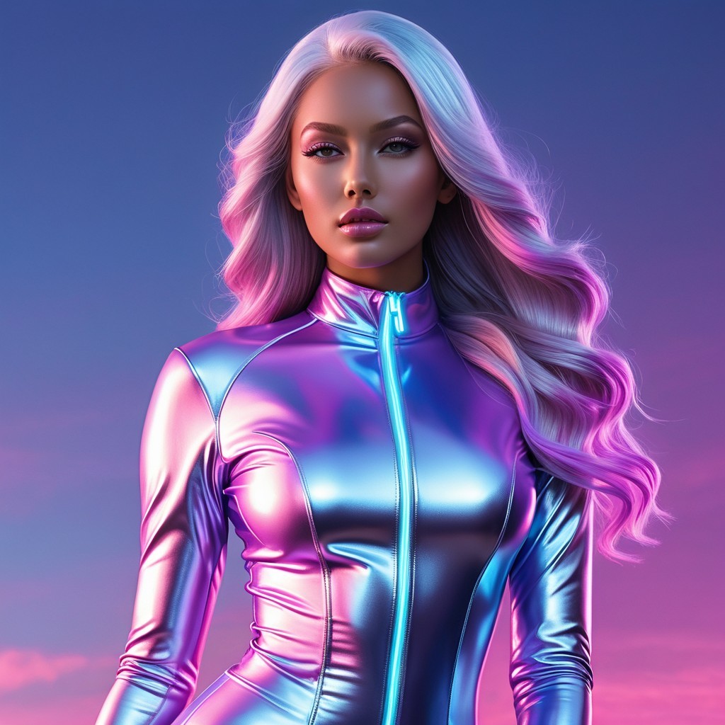 Iridescent Jumpsuit Against Vibrant Sunset Backdrop