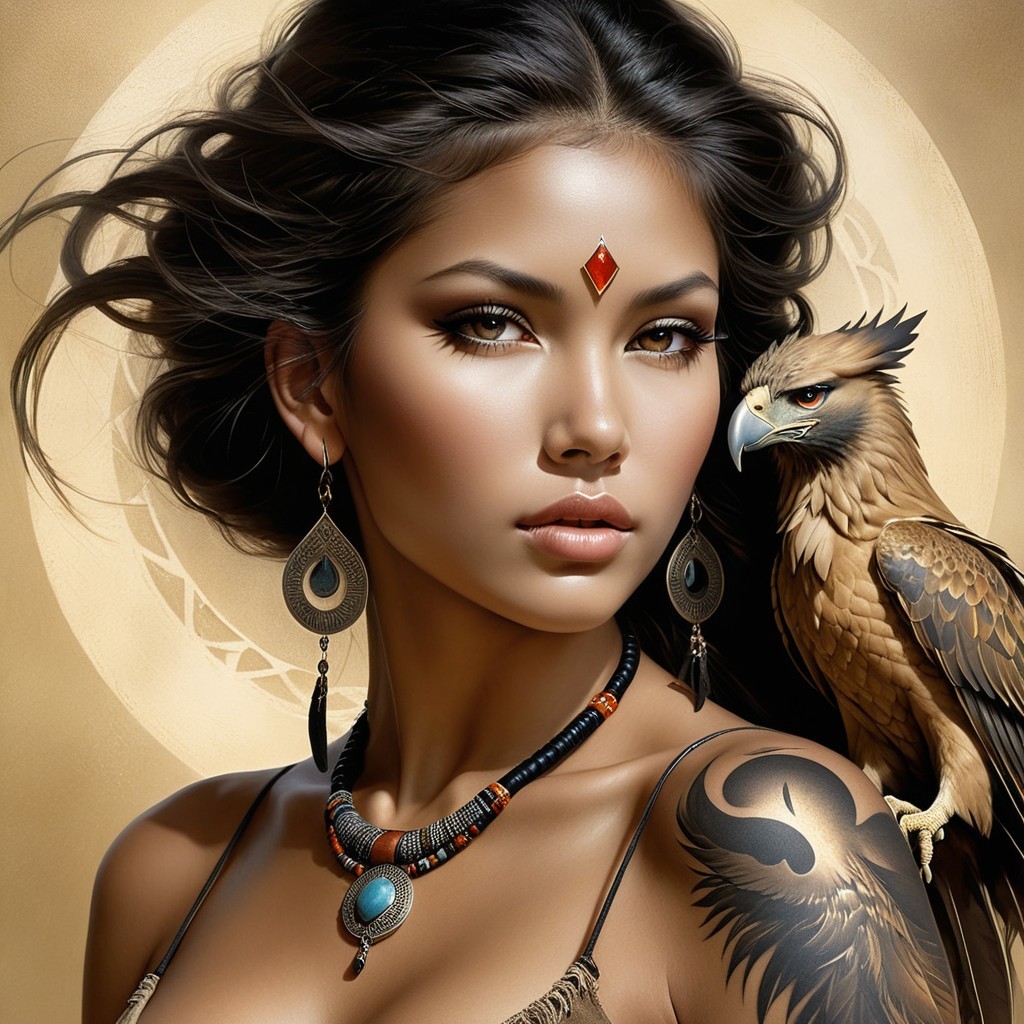 Striking Woman with Eagle and Colorful Jewelry