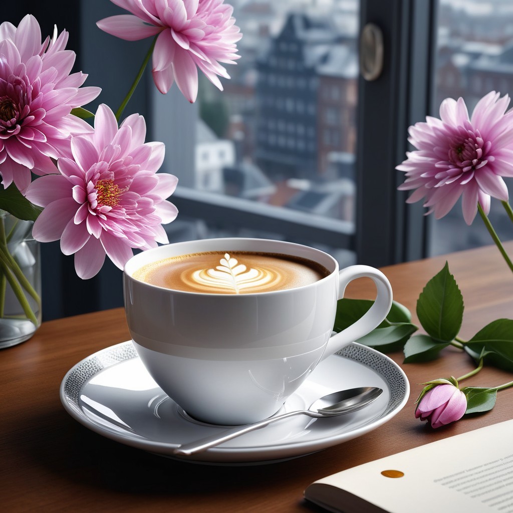 Coffee Cup with Latte Art and Cityscape Background
