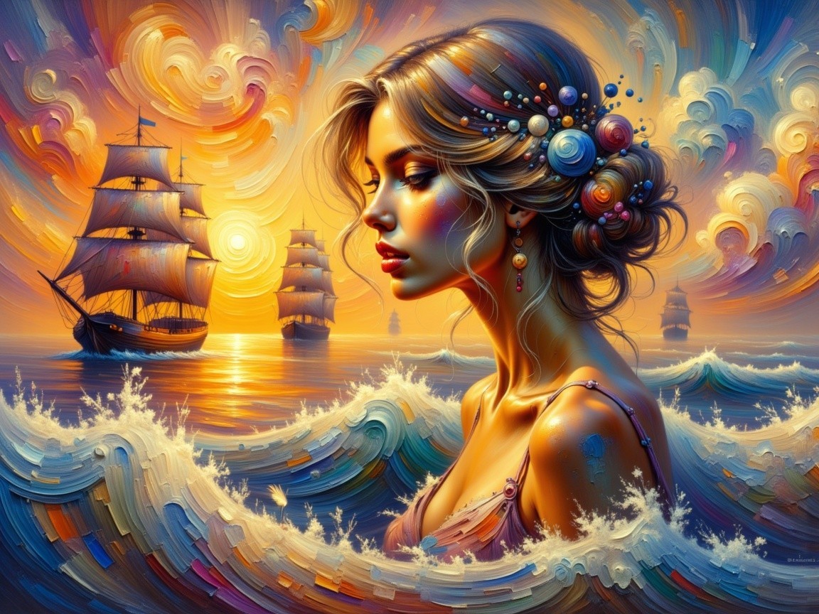 Detailed Painting of a Mythical Siren at Sunset