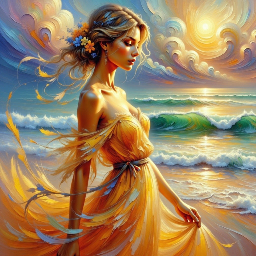 Blonde Woman in Flowing Dress on Sandy Beach at Sunset