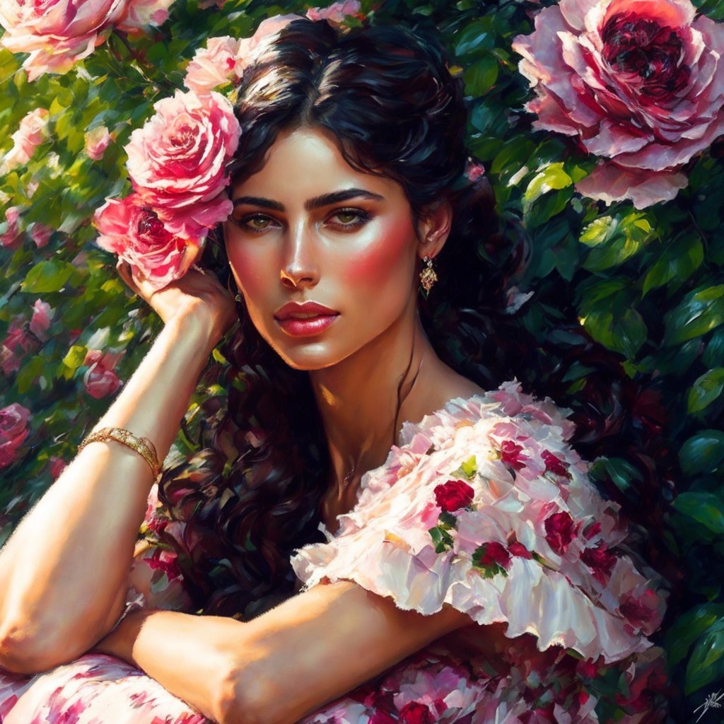 Young woman in floral dress among pink roses