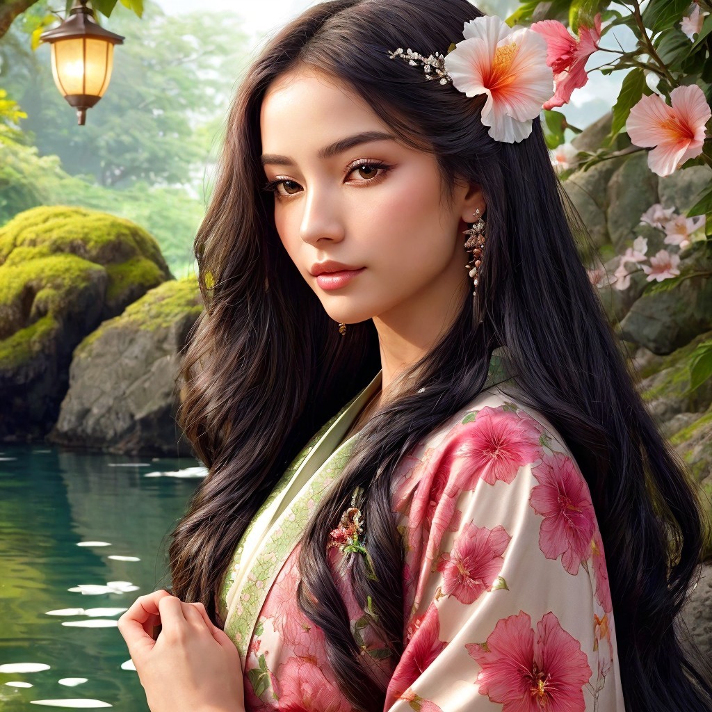 Young Woman in Floral Kimono by Tranquil Pond