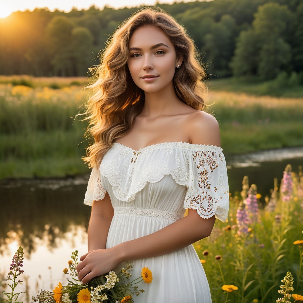 Young woman by serene river in golden sunlight
