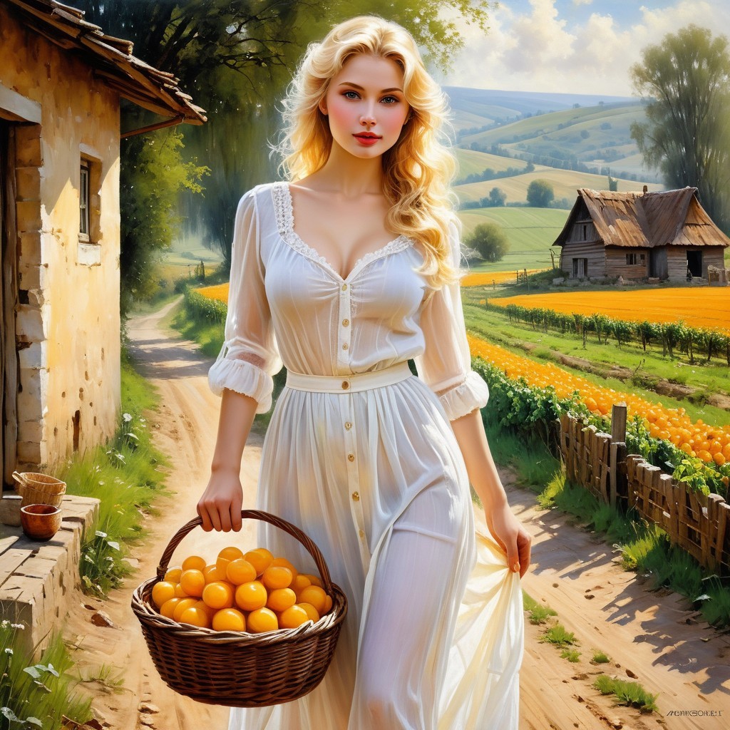 Young woman in white dress on countryside path with basket