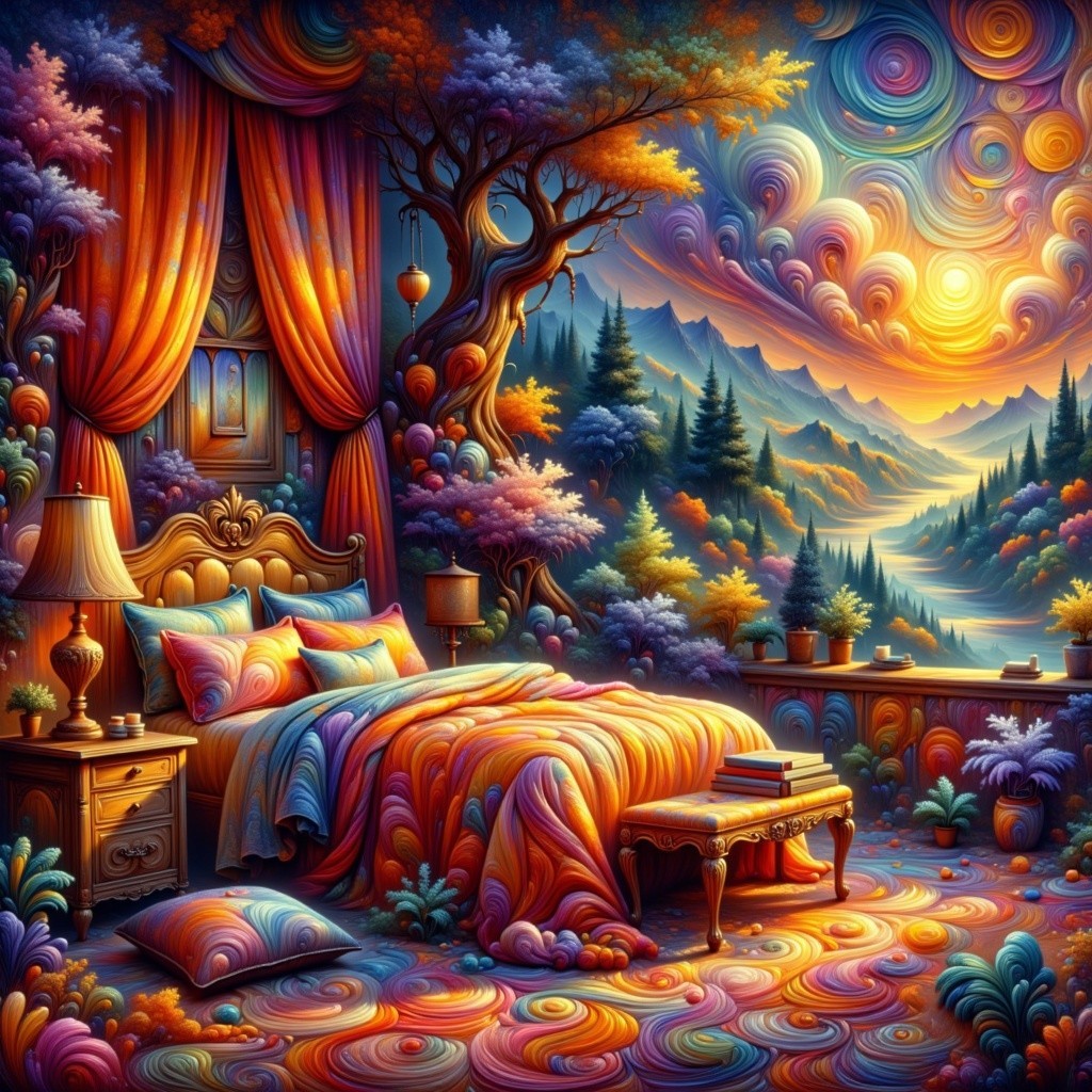 Colorful Abstract Digital Painting of a Bedroom Scene
