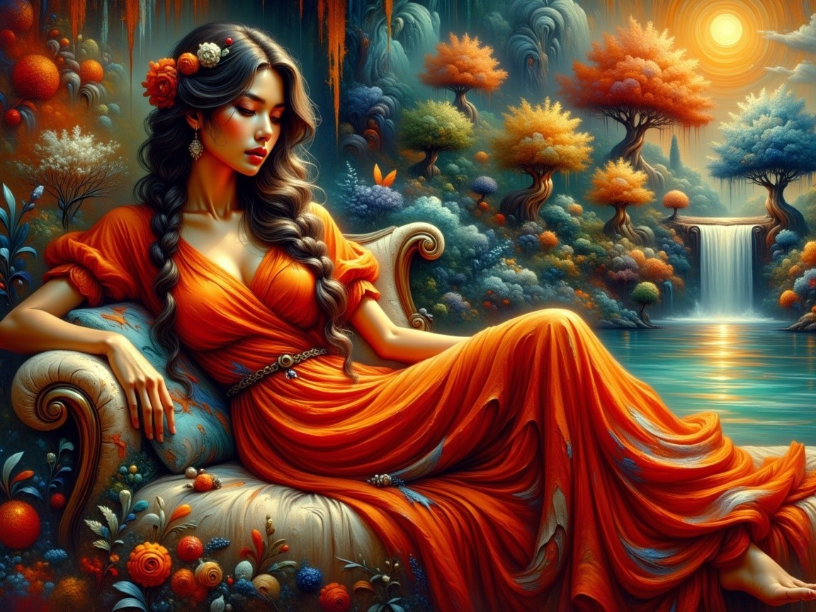Serene woman in orange dress by tranquil river